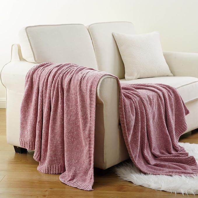 Pink Throw Blanket for Couch, Soft Chenille Throw Blanket 51"x67" | Shiny Chenille Blanket, Cozy Brethable Knit Throw Blanket for Bed Sofa Home Decor
