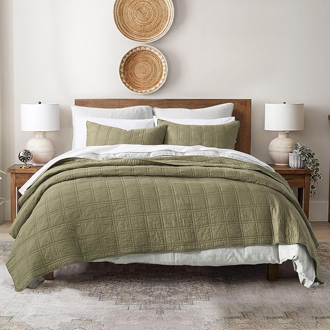 HORIMOTE HOME 100% Cotton Quilt Twin Size Olive Green Bedspread, Pre-Washed 2PCS Cozy Lightweight Stitching Decorative Bedding Cover Coverlet Set with 1 Sham in Geometric Pattern for All Season