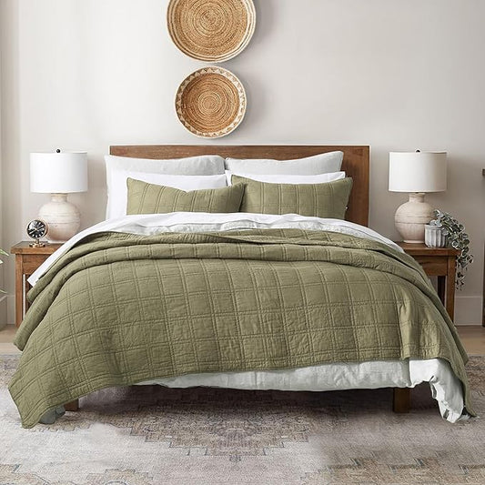 HORIMOTE HOME 100% Cotton Quilt Twin Size Olive Green Bedspread, Pre-Washed 2PCS Cozy Lightweight Stitching Decorative Bedding Cover Coverlet Set with 1 Sham in Geometric Pattern for All Season