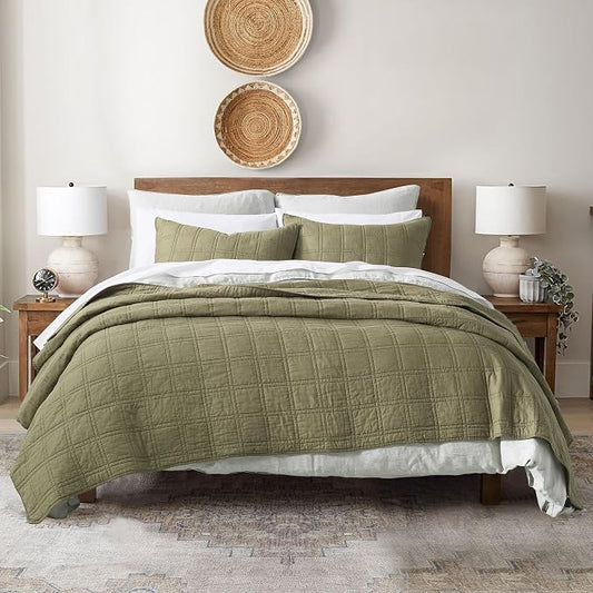 HORIMOTE HOME 100% Cotton Quilt King Size Olive Green Bedspread, Pre-Washed 3-Piece Cozy Lightweight Stitching Bedding Cover Coverlet Set with 2 Shams in Geometric Pattern for All Season