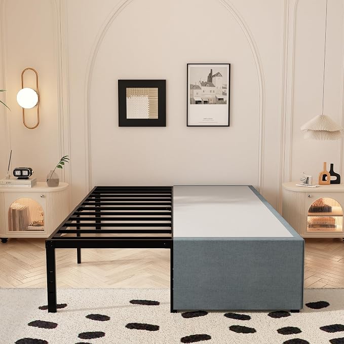 Maenizi California King Bed Frames with Fabric Cover, 18 Inch Heavy Duty Metal Platform Support Up to 3000 lbs with Steel Slat, No Box Spring Needed, Easy Assembly, Noise Free, Black