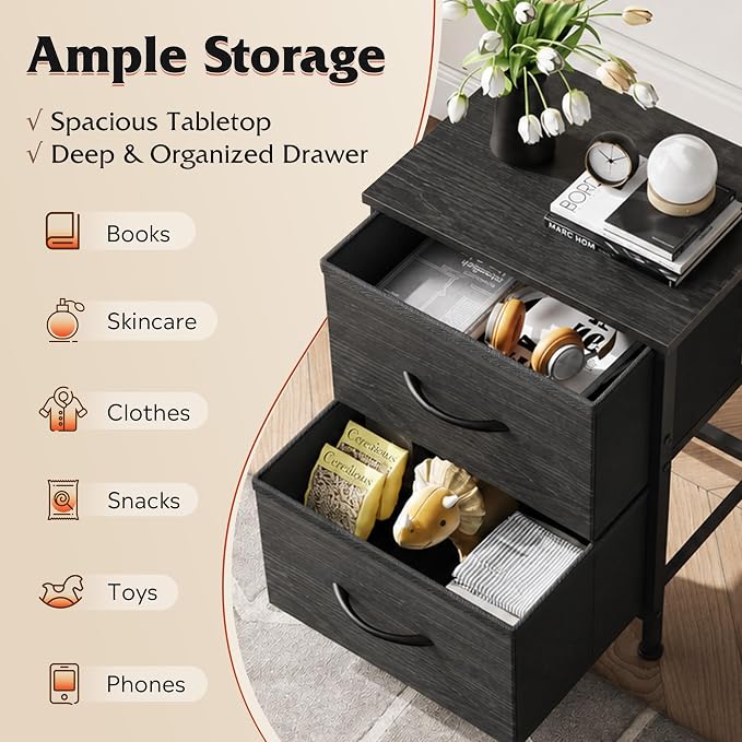 WLIVE Night Stand, Small Dresser with 2 Drawers & Wooden Top, Nightstand with Fabric Bins, Bedside Table End Table for Bedroom, Closet, Entryway, College Dorm, Charcoal Black | Nightstand with Fabric Bins, Bedside Table End Table for Bedroom, Kids Room