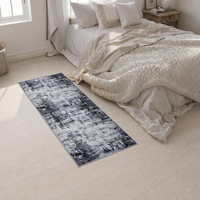 2x5 Washable Runner Rug：Modern Abstract Soft Carpet Dark Black | For Hallway, Bedroom, Kitchen, Laundry, Bathroom,Door Mat,Modern Abstract,Machine washable,Non-Slip,Stain Resistant,Indoor