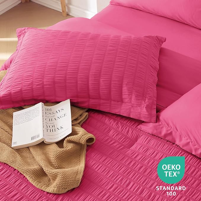 7 Pieces King Comforter Set, Seersucker Bed in a Bag King Size, All Season Luxury Bedding Set with Comforter, Flat Sheet, Fitted Sheet, Pillowcases & Shams, Hot Pink