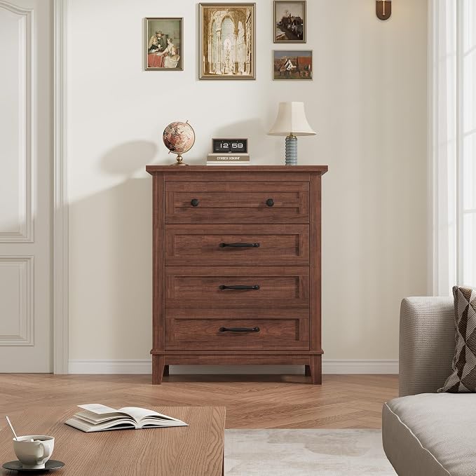 GarveeHome 4 Dresser for Bedroom, 34.8 in Tall Vertical Drawer Dresser with Large Storage, Freestanding Wooden Closet Chest for Bedroom, Living Room, Walunt