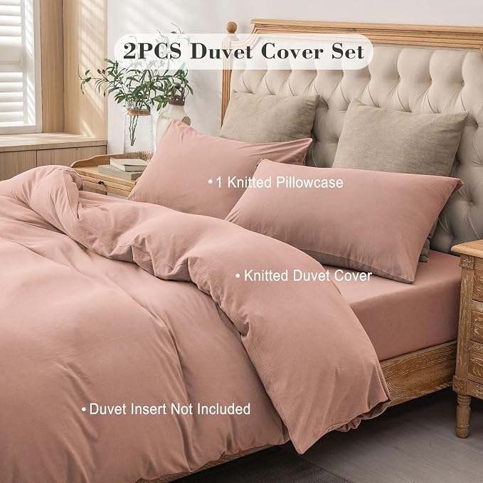 PURE ERA Jersey Knit Sheet Set Solid Petal Pink Twin | 100% Cotton, 3 Piece Set, T Shirt Soft, Breathable, Envelope Closure Pillowcases, Hidden Zipper, 8 Ties, No Insert, Modern
