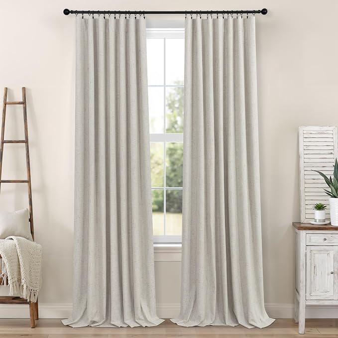 Linen Blackout Curtains 84 Inch Length 2 Panels Set for Living Room Bedroom Back Tab Thermal Insulated 100% Black Out Linen Drape Room Darkening Window Curtain 84 Inch Long Stone Taupe Birch Tan Beige