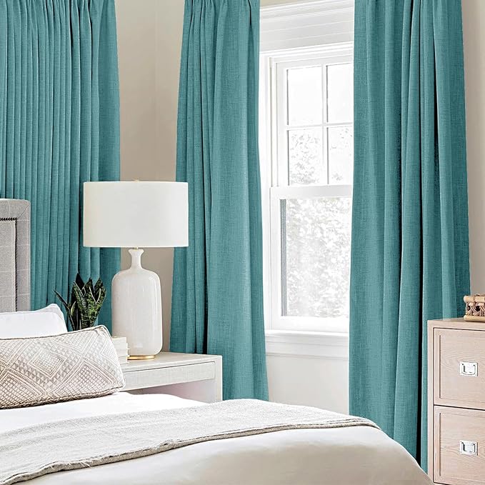 MIULEE 100% Blackout Linen Curtains for Bedroom 52x84 Inches Teal | Room Darkening, Light Blocking, Thermal Insulated, Grommet Top, Linen Textured, Window Curtains for Living Room, 2 Panels