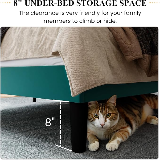 SHA CERLIN Full Size Velvet Bed Frame, Tufted Wingback Headboard, Teal | 47'' Modern Vertical Channel Headboard, Upholstered Platform Bed, Wood Slats, No Box Spring Needed, Easy Assembly, Noise Free