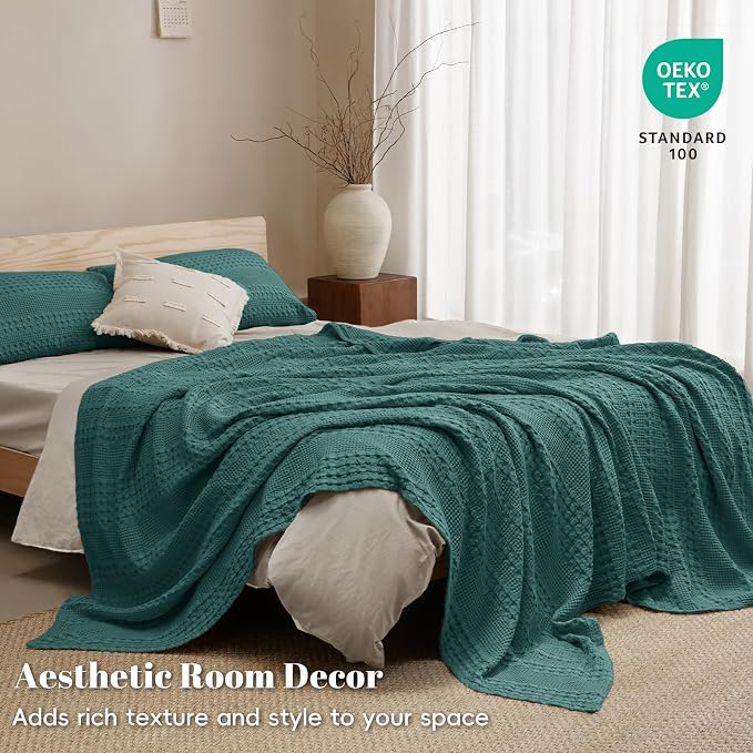 PHF Lightweight 100% Cotton Waffle Blanket for Bed, King, Teal | Pre-Washed Soft Cotton Comfort, Breathable Layering Warmth for Fall & Winter, Bed, Sofa, Couch, Home Decor & Gifts