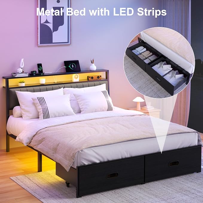 Full Bed Frame with 2 Drawers, Platform Bed Frame with LED Lights and Charging Station, Upholstered Headboard, Heavy Duty Metal Slats, No Box Spring Needed, Noise Free, Easy Assembly