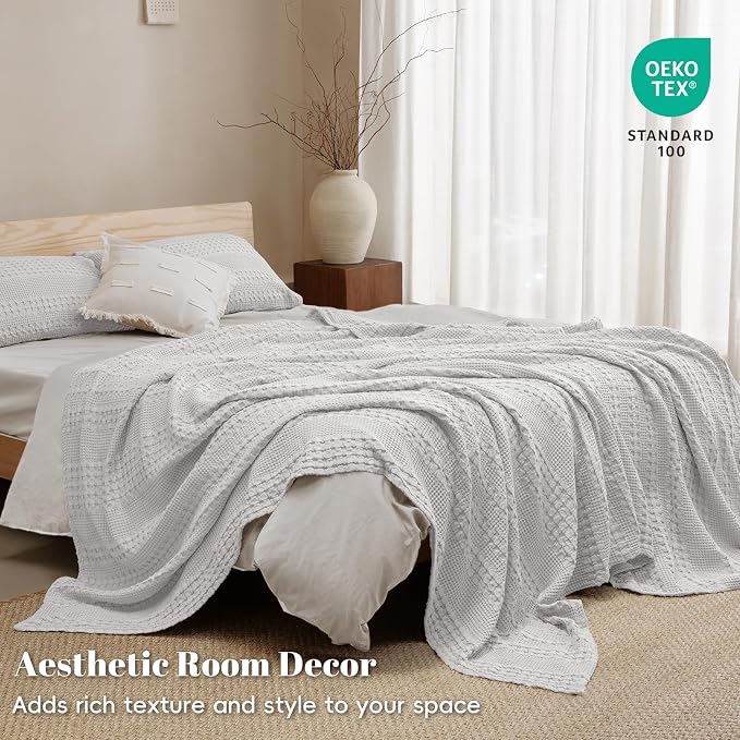 PHF Lightweight 100% Cotton Waffle Blanket for Bed, Queen, Light Grey | Pre-Washed Soft Cotton Comfort, Breathable Layering Warmth for Fall & Winter, Bed, Sofa, Couch, Home Decor & Gifts
