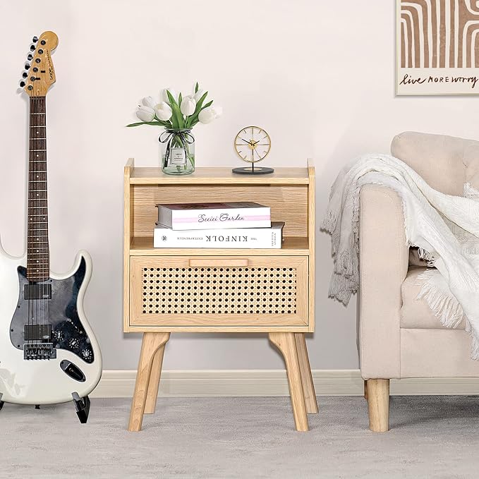 Lerliuo Rattan Nightstand, Boho Side Table with Drawer Open Shelf | Cane Accent Bedside End Table with Solid Wood Legs for Bedroom, Dorm and Small Spaces (Natural)