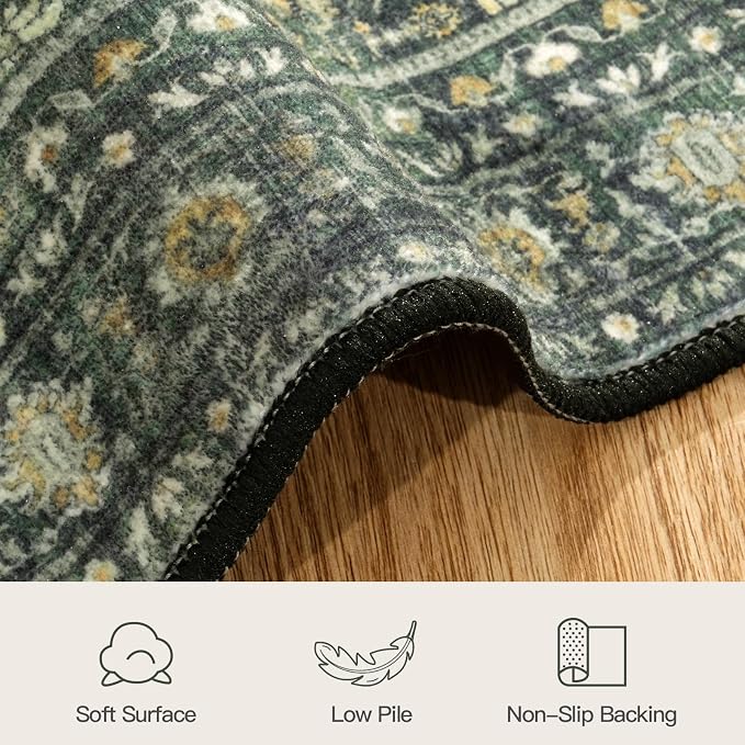 2'6"x10' Area Rugs for Hallways, Green Washable Non-Slip Kitchen Runner Rug | Low Pile Runner Rugs, Soft Carpet for Kitchen Bathroom Bedroom Laundry, Stain Resistant Foldable Vintage Distressed Rug