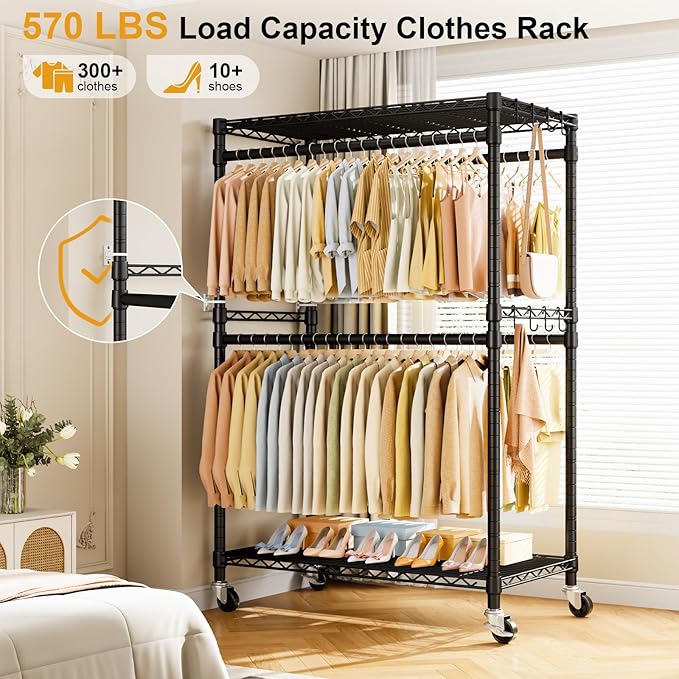 Rolling Clothes Rack, Clothing Racks for Hanging Clothes, Black | P4 Plus Heavy Duty Garment Rack with Wheels, Free Standing Portable Closet Racks 45''W × 20.5''D × 80.5''H, Max Load 570 Lbs