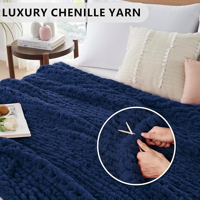 L'AGRATY Chunky Knit Throw Blanket for Couch, 60 x 80 Inches, Dark Blue | Handmade Chenille Crochet Blanket for Sofa Bed, Thick Cable Knitted Blankets for Room Home Decor, Birthday Gift for Women Mom
