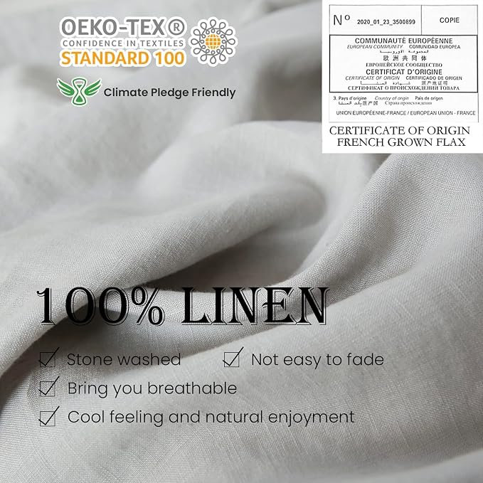 Simple&Opulence 100% Linen Duvet Cover Set with Embroidery Border Washed - 2 Pieces (1 Duvet Cover & 1 Pillow Sham) with Button Closure Soft Breathable Farmhouse - Light Grey, Twin Size