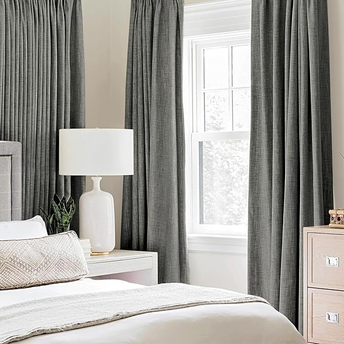 MIULEE 100% Blackout Linen Curtains for Bedroom 52x120 Inches Dark Grey | Room Darkening, Light Blocking, Thermal Insulated, Grommet Top, Linen Textured, Window Curtains for Living Room, 2 Panels