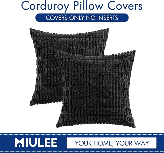 MIULEE Corduroy Decorative Throw Pillow Covers 20x20 Black Pack of 2 | Soft Boho Striped Pillow Covers Modern Farmhouse Home Decor For Sofa Living Room Couch Bed
