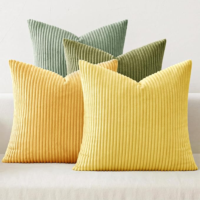 MIULEE Soft Corduroy Decorative Throw Pillow Covers Yellow Green 18x18 | Set of 4, Mordern Nordic Decor, Lime Lemon Green Set, Boho Farmhouse Cushion Covers for Couch Bed Sofa Living Room