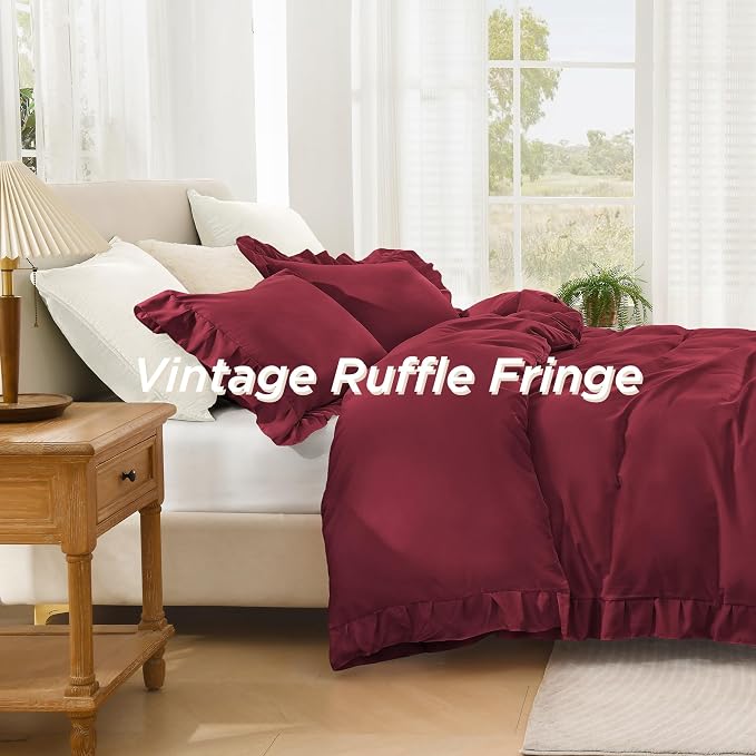 Andency Burgundy Ruffle Duvet Cover King, Shabby Chic Farmhouse Bedding Set | 3 Pieces Soft Washed Polyester Vintage Ruffled Comforter Cover Set with Zipper Closure & Corner Ties, 104x90Inch