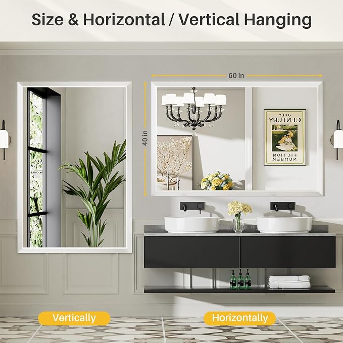Bathroom Wall Mirror, White Metal Frame, 60x40 Inch | Anti-rust, HD tempered glass, for bathroom vanity, bedroom, living room, horizontal or vertical mount