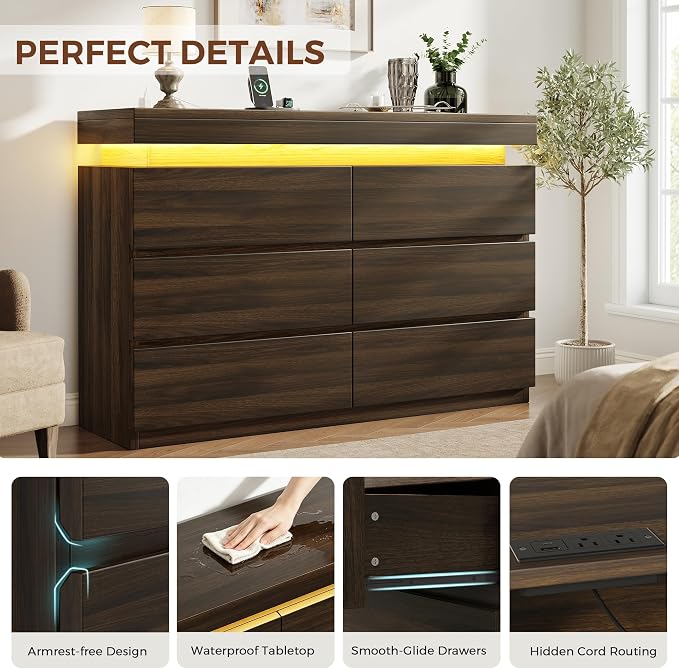 6 Drawer Dresser with LED Lights and Charging Station, Modern Brown Dresser | RGB Lights with App and Remote Control, Music Sync Mode, 6 Spacious Drawers and Durable MDF Storage for Bedrooms or Closets