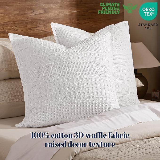 PHF 100% Cotton Ruffle Waffle Weave Euro Sham Covers, 2 Pack 26" x 26" Bed Pillow Covers for Elegant Home Decor, No Filling, Luxury Aesthetic Euro Pillow Cases for Bed, White