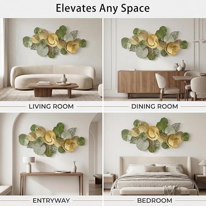 Axioglo 51" Large Wall Decor 3D Lotus Leaf Metal Wall Art for Living Room | 51" x 26" metal wall decor with layered metal texture, mounting hardware, two-way display