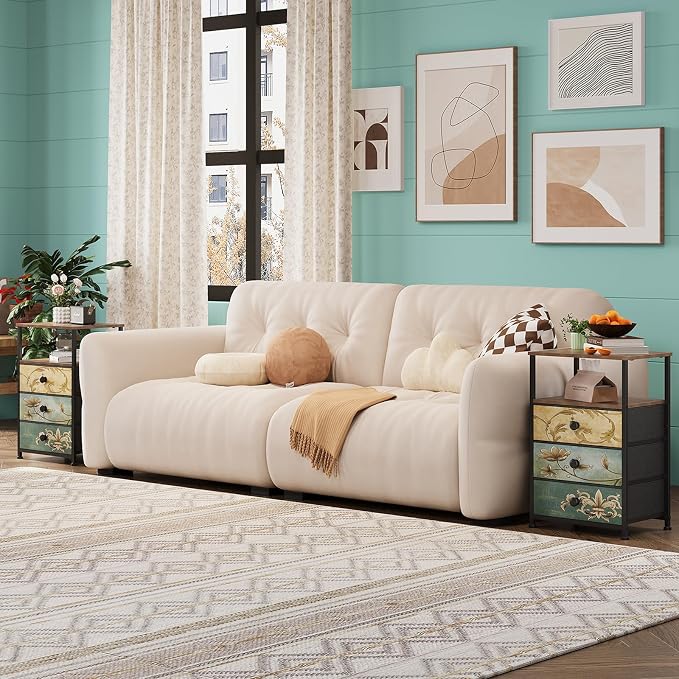Tohomeor Nightstand with 3 Fabric Drawers Retro End Table with Storage Shelf Vintage Side Table for Bedroom Living Room Sofa Beside Farmhouse