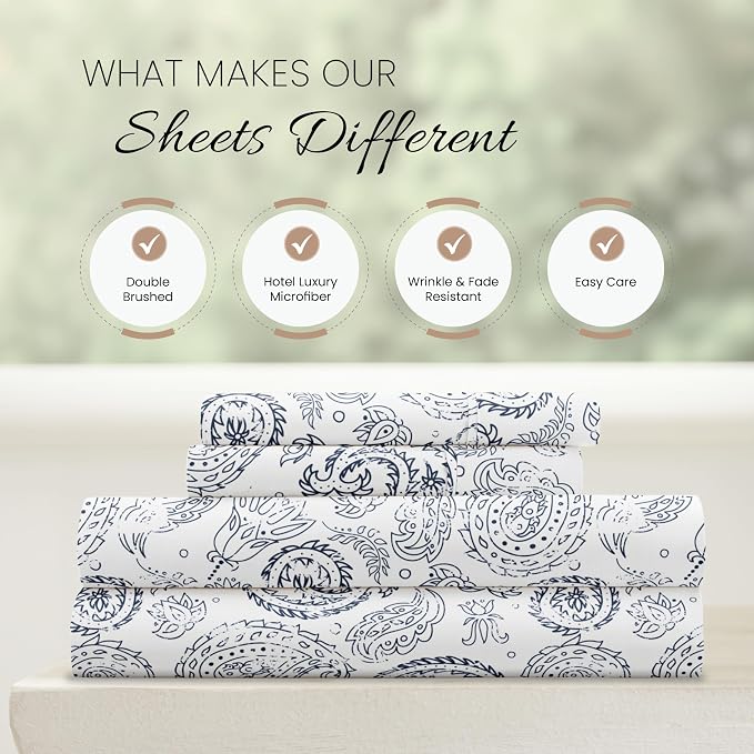 Linen Market Double-Brushed Patterned Microfiber Full Sheet Set 4 Piece – Oeko-TEX Certified Ultra Soft & Wrinkle-Free - 16" Deep Pocket Sheets - Easy Care Full Size - Coarse Paisley Navy