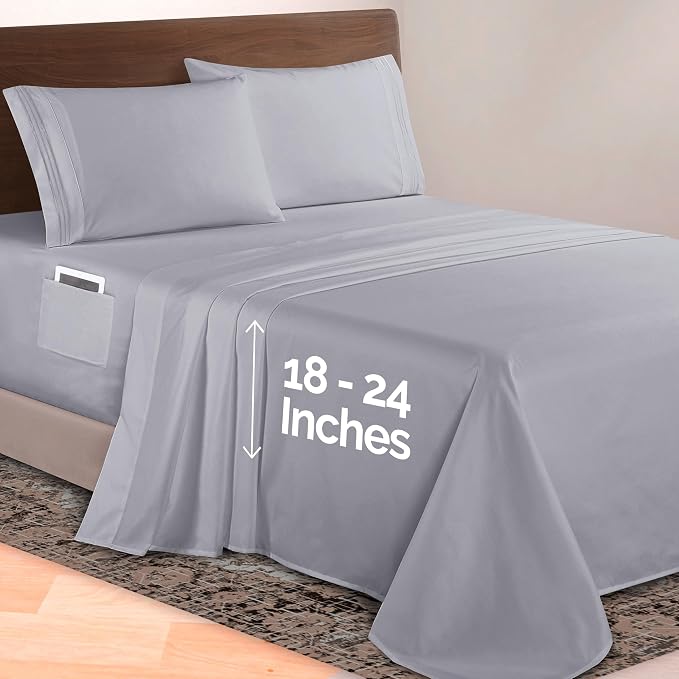 Elegant Comfort Luxurious 1500 Premium Hotel Quality Microfiber 4-Piece Sheet Set, 18-24 Inches Deep - Extra Deep Pocket Sheets - Ultra Soft 4PC Deep Pocket Sheets, Twin/Twin XL, Silver Gray