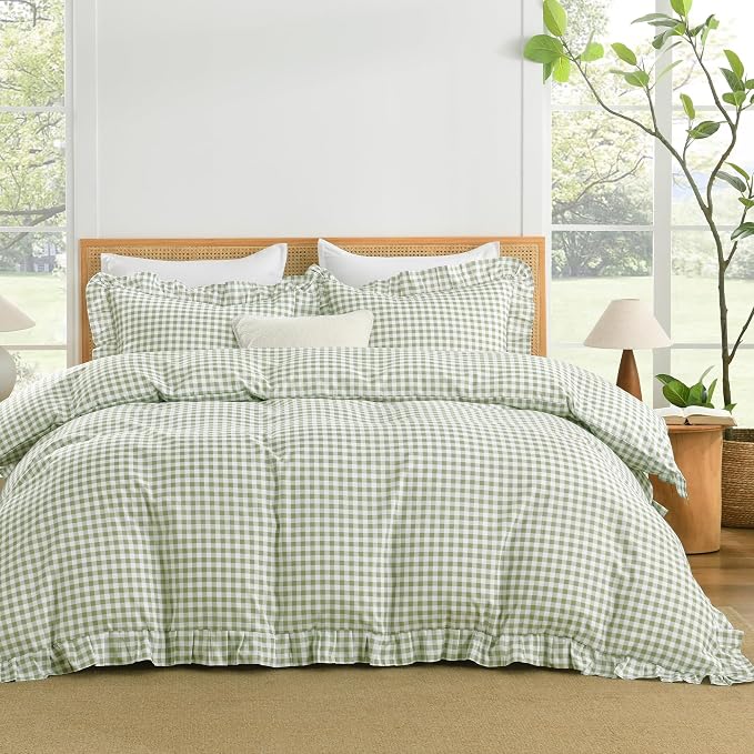 Andency Sage Gingham Duvet Cover King, Ruffle Shabby Chic Bedding Set 3 Pcs | Farmhouse Soft Pre-Washed Polyester Comforter Cover with Zipper Closure & Corner Ties, 104x90Inch