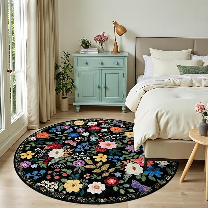 PLHXFR Round Area Rug Living Room: 6 ft Floral Washable Soft Carpet Black | For Bedroom Dining Room Farmhouse Nursery Hallway,Vintage Floral,Machine washable,Non Slip,Stain Resistant,Large Indoor