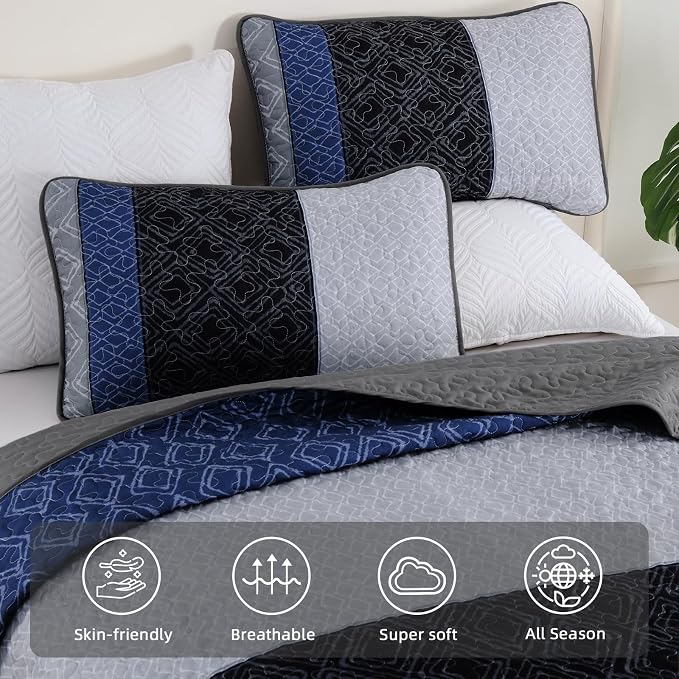 Cottolester Quilts Queen Size,3 Pieces Boho Gray Blue Striped Bedspread Set | Farmhouse Patchwork Bedspreads Covrtlet Set for Men Women,Soft Microfiber Lightweight Quilt Bedding Set Set for All Season