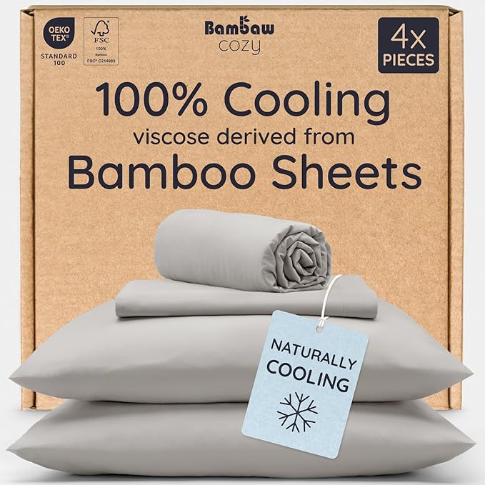 Bambaw 100% Viscose Derived from Bamboo Sheet Set Twin Size – 4-Piece Twin Size Sheets Set, Cooling, Smooth & Lightweight, Deep Pocket Design, Comfortable All Night (Moonlight Gray)