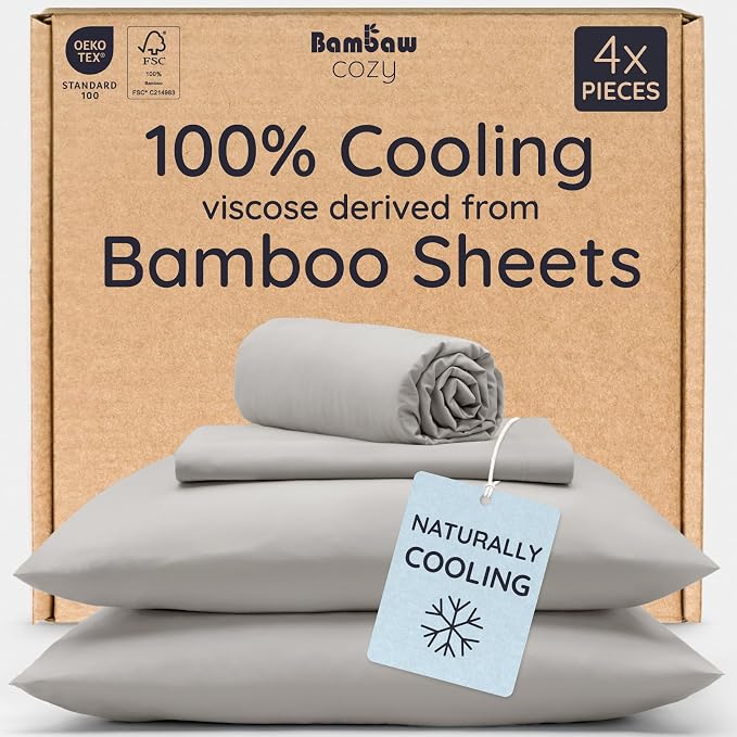 Bambaw Queen Sheet Set – 4pcs 100% Viscose Derived from Bamboo Cooling Sheets Set Queen Size, Cooling Sheet for Night Sweats, Ultra Soft & Breathable, 16'' Deep Pockets (Moonlight Gray)
