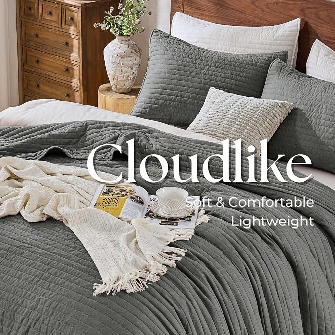DOWN HOME Cali King Quilt Bedding Set with Shams, Vintage Washed Quilted Blanket Thin Comforter Lightweight Bedspread Coverlet Bed Cover, Brushed Microfiber Stripe Stitching, Ash Gray, 111"x92"