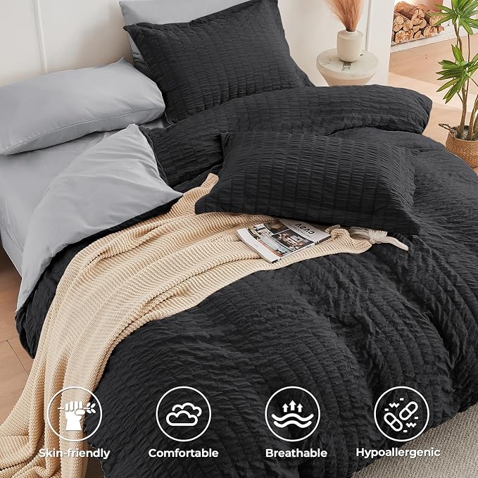 HYMOKEGE Black/Light Grey Oversized King Comforter Set Seersucker 7 Pieces, All Season Luxury Bed in a Bag for Bedroom, Bedding Set with Comforter, Sheets, Pillowcases & Shams