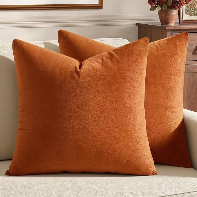 MIULEE 24x24 Inch Pack of 2 Euro Fall Velvet Throw Pillow Covers Orange | Soft Solid Decorative Euro Sham, Modern Luxury Home Decor, for King Bed Sofa Couch Bedroom Livingroom