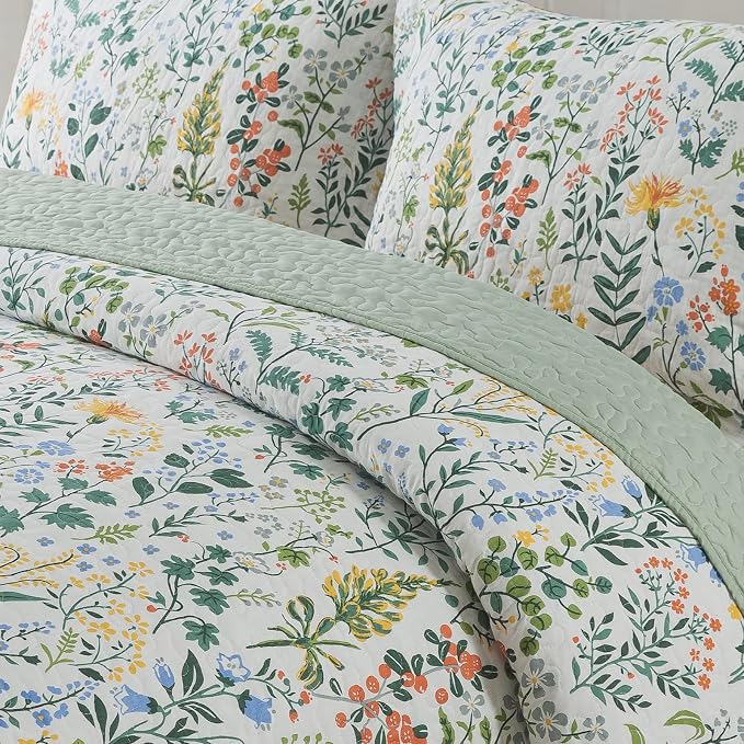 Cotton Bedspread Quilt Sets-Reversible Patchwork Coverlet Set, Green Classic Floral Pattern, Queen Size