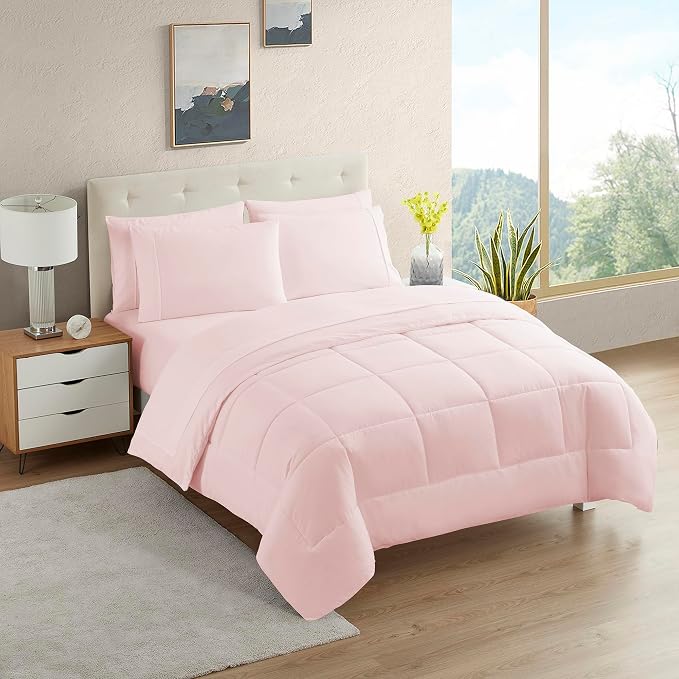 RV Short Queen Comforter Set for RV Camper - Comforter Set with Fitted & Flat Sheet, 4 Pillowcases - Tailored for RV Short Queen Beds - Cozy Essentials for Your RV Bedroom, Pale Pink
