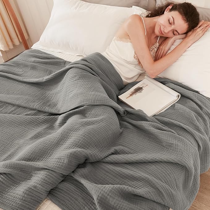 EMME Muslin Blankets for Adults Throw Blanket for Couch Breathable Gauze Soft Lightweight Airy Grey Throw XL 50" x 71"