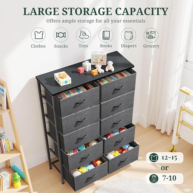 10-Drawer Dresser for Bedroom, Anti-Tip Tall Storage Organizer | Chest of Drawers with Wooden Top and Metal Frame Fabric Bins for Closet, Living Room, Hallway, Entryway, Gray