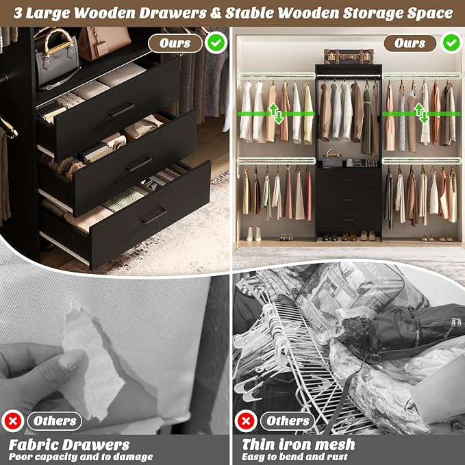 Aheaplus Closet System, 4.2-9Ft Closet Organizer with Wooden Drawers, Black | for Walk in Closet, Wardrobe Clothes Rack with 4 Hanging Rods, Garment Rack