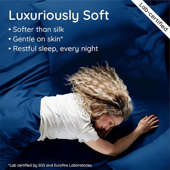 Bambaw 100% Viscose Derived from Bamboo Fitted Sheet Twin XL – Single Fitted Sheet Only, Cooling & Breathable, Silky Soft Feel, Deep Pocket Fits Up to 15" Mattresses, Stays Fresh All Night (Navy Blue)