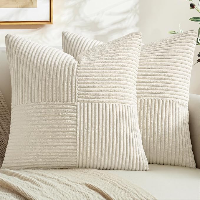 MIULEE Cream White Decorative Throw Pillow Covers for Couch 20x20 Inch | 2 Pack, Beige Neutral Boho Farmhouse Pillow Covers, Soft Cross Corduroy Patchwork Textured Cushion Cases For Bed Sofa