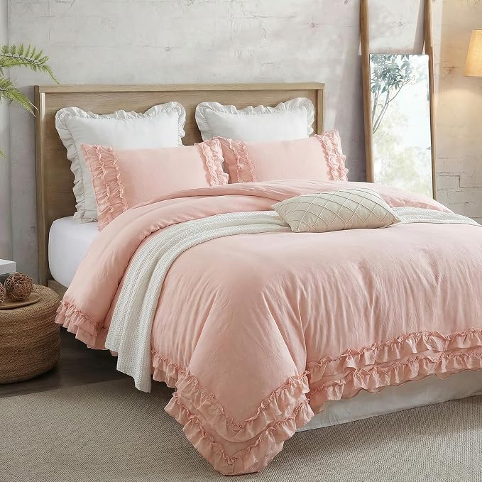 Pink Ruffled Duvet Cover Girls Coquette Bedding Set Cute Lace Fringe Ruffle Bedding Shabby Chic Farmhouse Style Super Soft Cozy Elegant Cover Cover Set Twin Size