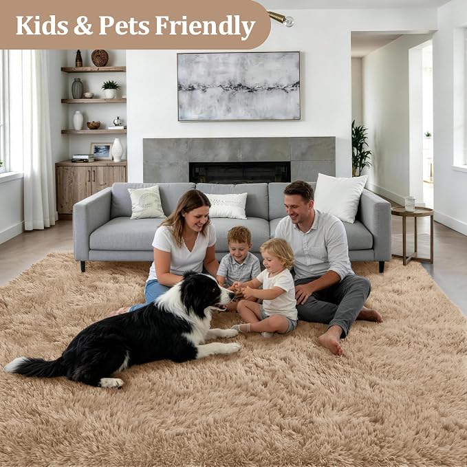 Area Rug Living Room Bedroom: 4x6 Fluffy Plush Shag Carpet Beige | For Kids Room Playroom Nursery Home Decor,Ultra Soft,Non-Slip Non-Shedding,Fuzzy Plush,Large Indoor Floor Carpet,Easy Clean