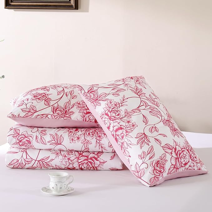 JANZAA Queen Size Comforter Set - Pink Peony Floral Shabby Chic Bedding | 3 Piece Cute Floral Bedding for All Season, 1 Soft Fluffy Breathable Microfiber Comforter Set with 2 Pillowcases
